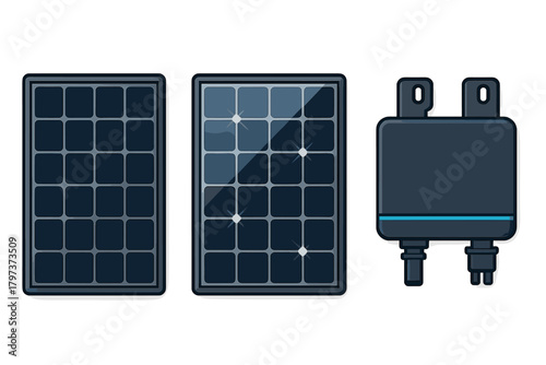 Photovoltaic solar panels and microinverter component for renewable energy systems on white background