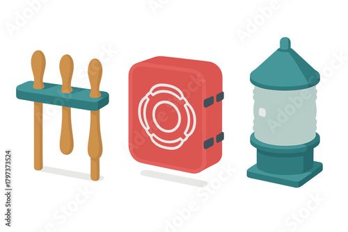 Isometric nautical safety equipment set featuring oars, life preserver, and marine light
