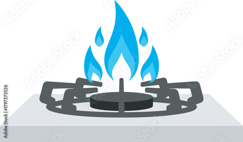 A gas stove burner with blue flames emitting from it, set against a white background.