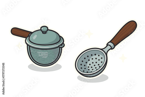 Kitchen cooking tools set featuring a handled strainer and a slotted spoon