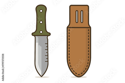 Sturdy outdoor survival knife with protective brown leather sheath and green handle