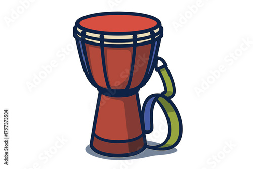 Vibrant red djembe drum percussion instrument with blue and green shoulder strap