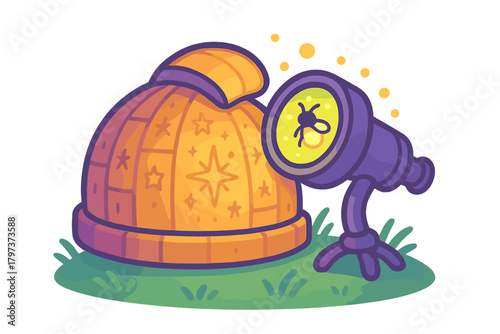 Whimsical observatory dome with stars and telescope observing a glowing insect