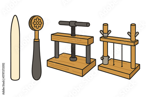 Specialized wooden and metal tools used for traditional handmade bookbinding and repair
