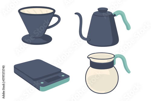 Manual pour over coffee brewing equipment set including kettle, dripper, scale, and server