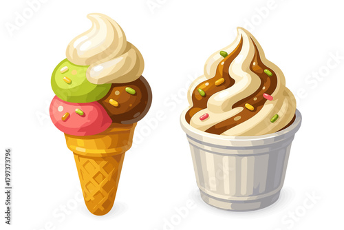 Triple scoop ice cream cone and soft serve sundae with chocolate syrup