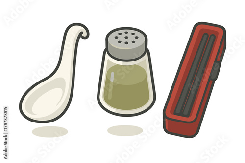 Ceramic spoon, glass seasoning shaker, and red chopsticks case set