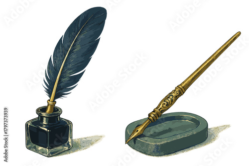 Vintage writing set with dark feather quill pen, glass inkwell, and ornate brass dip pen on stone stand