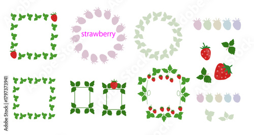 苺といちごの葉のフレームセットのイラスト