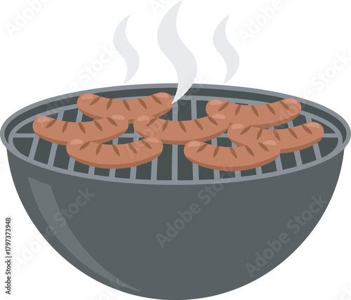 Sausages cooking on a charcoal grill with smoke rising, illustration.