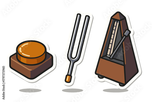 Classic pyramid metronome, metal tuning fork, and sound button symbols for musical practice