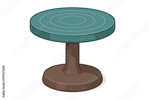 Round teal platform with concentric circles on a sturdy brown pedestal base isolated on white