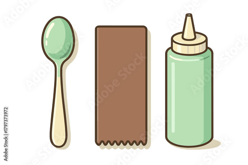 Stylized spoon, napkin, and squeeze bottle set for restaurant or kitchen use