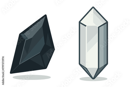 Stylized dark and light quartz crystal gems isolated on a white background