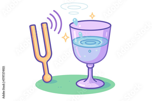 Tuning fork producing sound waves next to a glass of water showing ripples