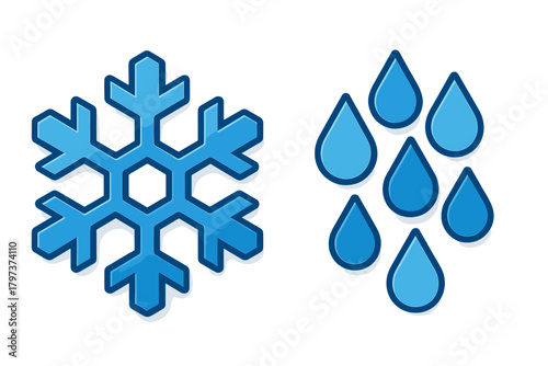 Contrasting icons of a stylized blue snowflake and falling water drops for weather conditions