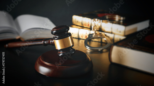 Judge gavel in court. Library with lot of books in background