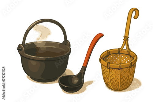 Steaming cast iron pot, serving ladle with red handle, and traditional bamboo strainer basket