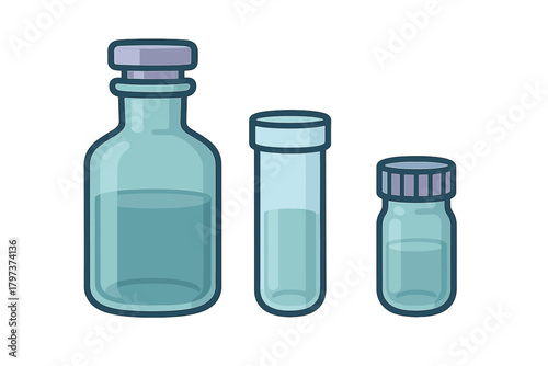 Glass laboratory containers filled with blue liquid for scientific research and medical testing
