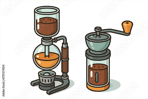 Classic coffee preparation set with glass siphon brewer and manual hand crank grinder