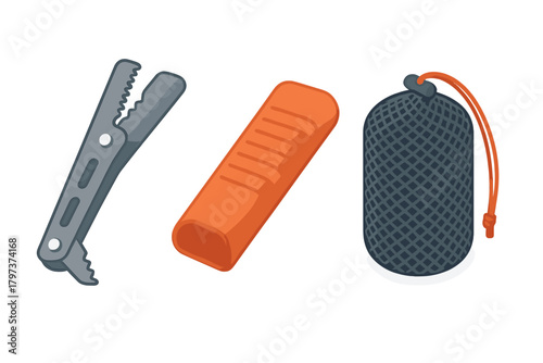 Essential outdoor equipment set with utility clip, protective sleeve, and mesh storage sack