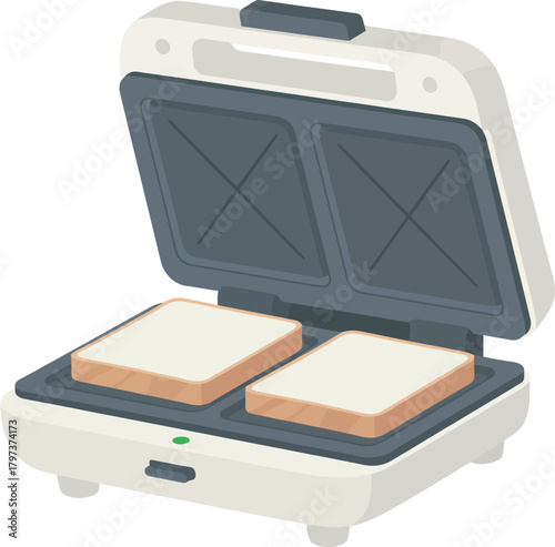 An open sandwich press with two slices of bread inside, ready for grilling.