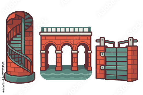 Architectural and water infrastructure elements set including spiral staircase, aqueduct bridge, and canal lock gate