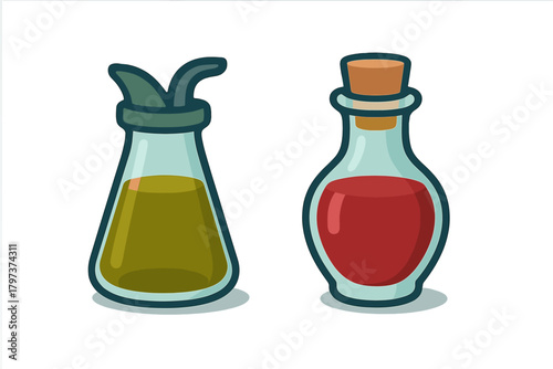 Olive oil cruet dispenser and glass bottle filled with red wine vinegar