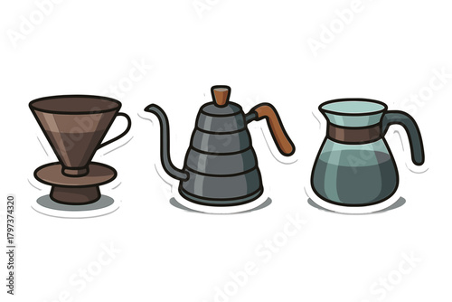 Set of coffee brewing equipment including a pour-over dripper, gooseneck kettle, and glass server carafe