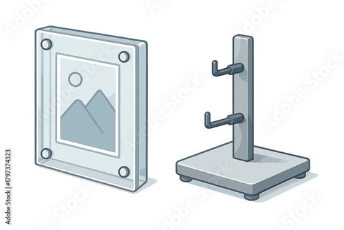 Transparent acrylic picture frame and gray metal counter display stand with hooks for retail products