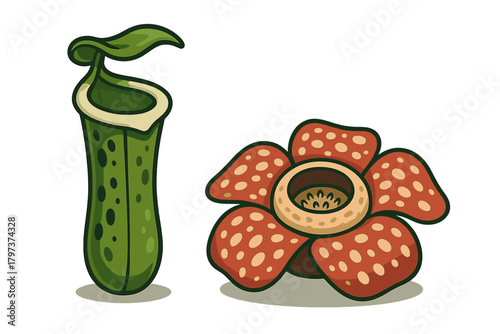 Unique tropical flora featuring a carnivorous pitcher plant and a giant Rafflesia flower