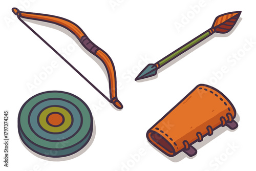 Traditional archery equipment set including a wooden bow, arrow, target, and leather arm guard