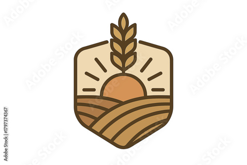 Vintage agricultural badge design with wheat ear, rolling fields, and rising sun emblem