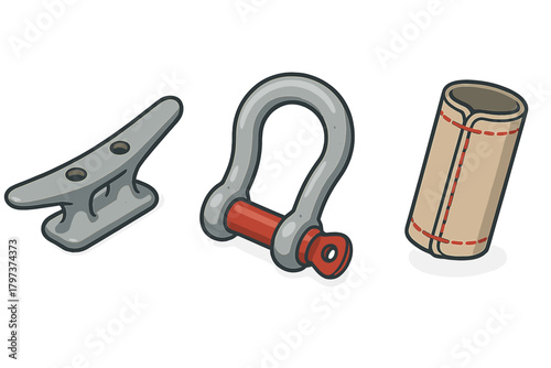 Collection of essential sailing gear including boat cleat, metal shackle, and rolled canvas