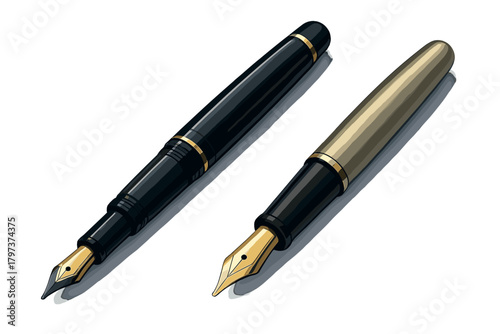 Pair of elegant luxury fountain pens with golden nibs and glossy bodies isolated on a white background