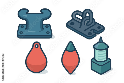 Marine nautical equipment featuring mooring cleat shackle buoy and beacon light