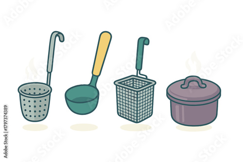 Essential kitchen utensils including ladle, skimmer, pot, and fryer basket