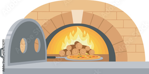 A brick oven with a pizza inside, flames burning, ready to cook.