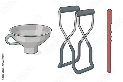 Set of essential kitchen tools for home preserving and food canning preparation