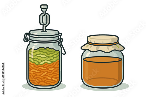 Two glass jars containing homemade fermented vegetables and preserved sweet liquid