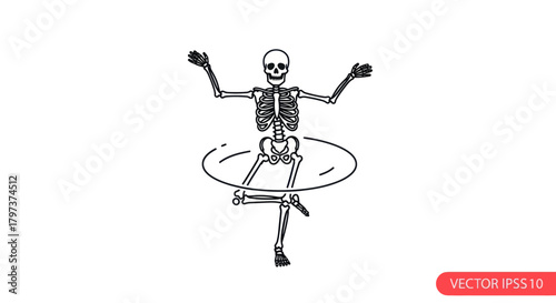 Whimsical Skeleton Hula Hooping with Arms Raised in Playful Pose.