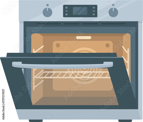 Illustration of an open oven with a rack inside, ready for baking or cooking.
