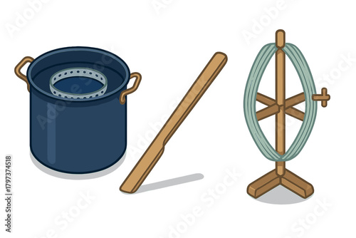 Fiber arts equipment set featuring a dye pot, stirring paddle, and yarn swift