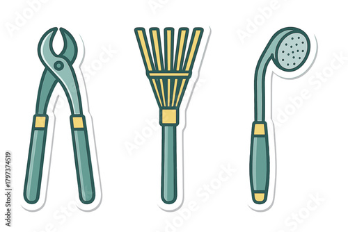 Set of essential small gardening tools including hand pruners, leaf rake, and watering nozzle