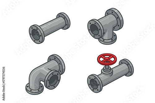 Isometric industrial pipeline components including straight pipe, elbow, T-joint, and red valve