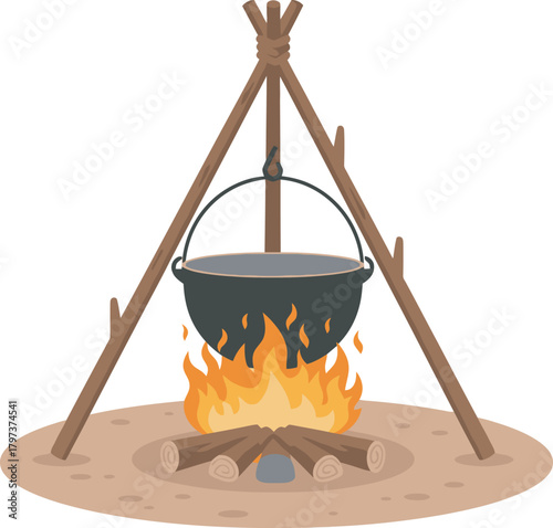 A campfire scene with a cooking pot suspended over a blazing fire, ready for preparing food.