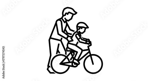 Father teaching son to ride bicycle line art illustration.