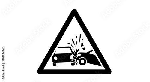 Warning Sign Depicting a Car Collision with Debris.