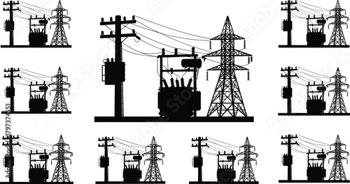 Silhouette vector illustration of electrical transformer station, utility poles, and transmission towers—energy grid infrastructure layout for power distribution and engineering reference