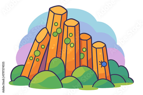 Colorful cartoon landscape with geometric orange pillars and vibrant green shrubs